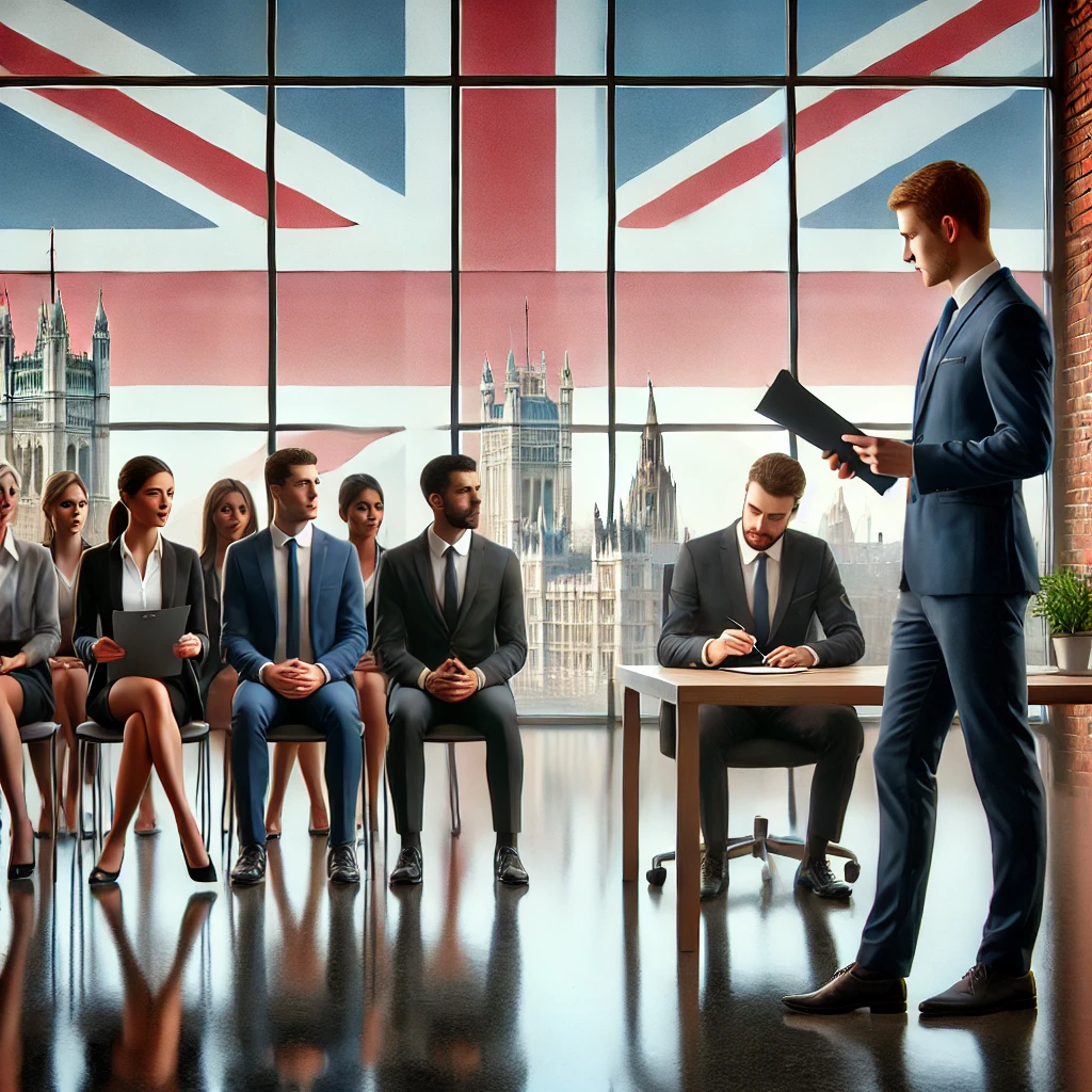 DALL·E 2025 03 27 16.03.02 A professional setting with a diverse group of job applicants in a modern UK office. A hiring manager is reviewing a CV while candidates dressed in b